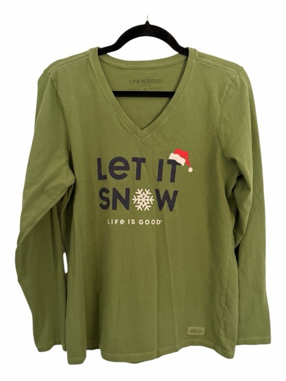LIFE IS GOOD Let It Snow Long Sleeve Crusher Vee Fresh Pine Green Tee